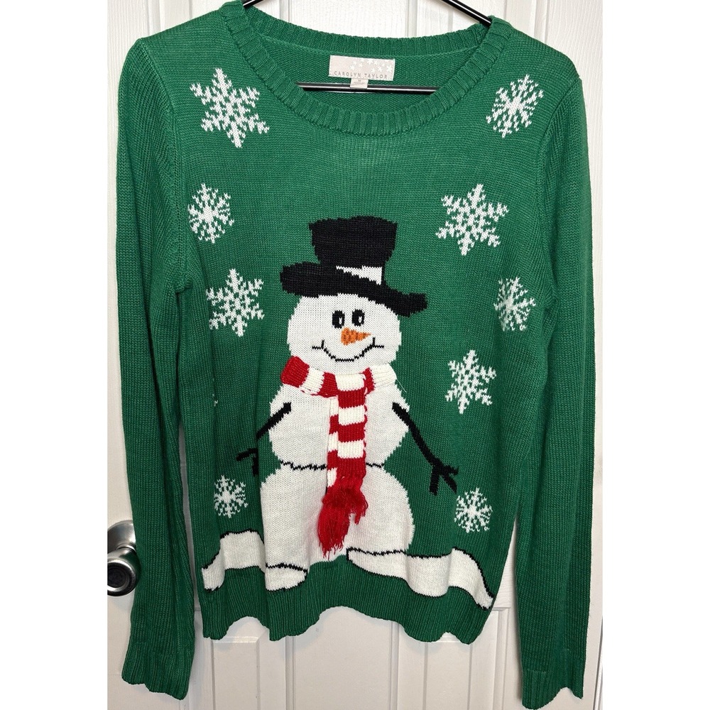 Carolyn Taylor Women's Green Christmas Sweater Snowman Snowflakes Size M